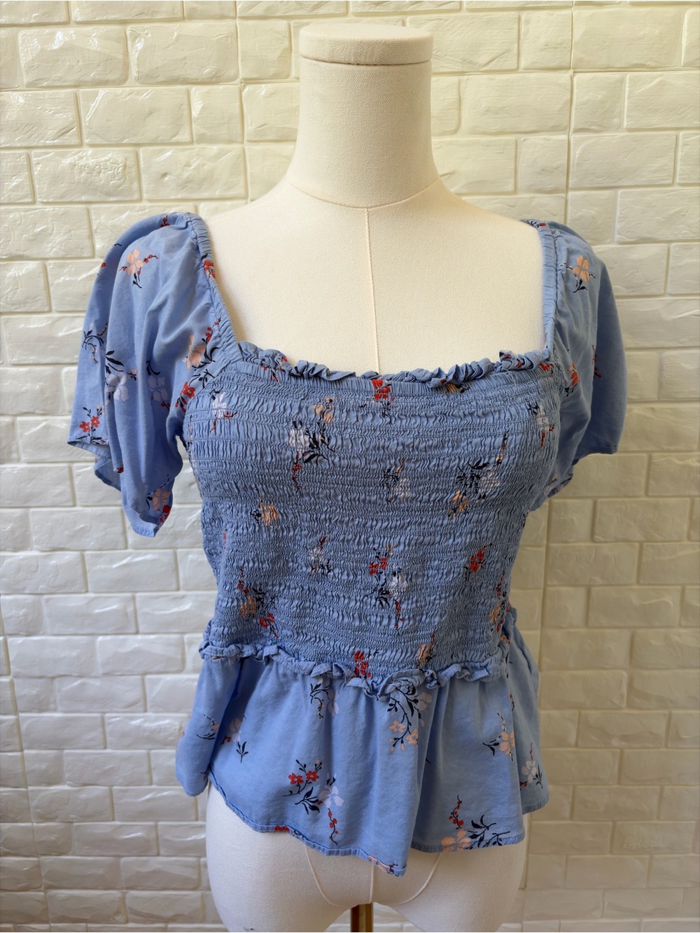 Madewell Blue Floral Smocked Square-Neck Peplum Top